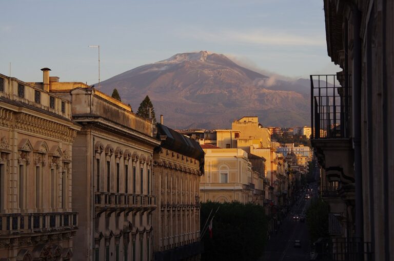 Vista dell'Etna da Catania con i tetti della città in primo piano