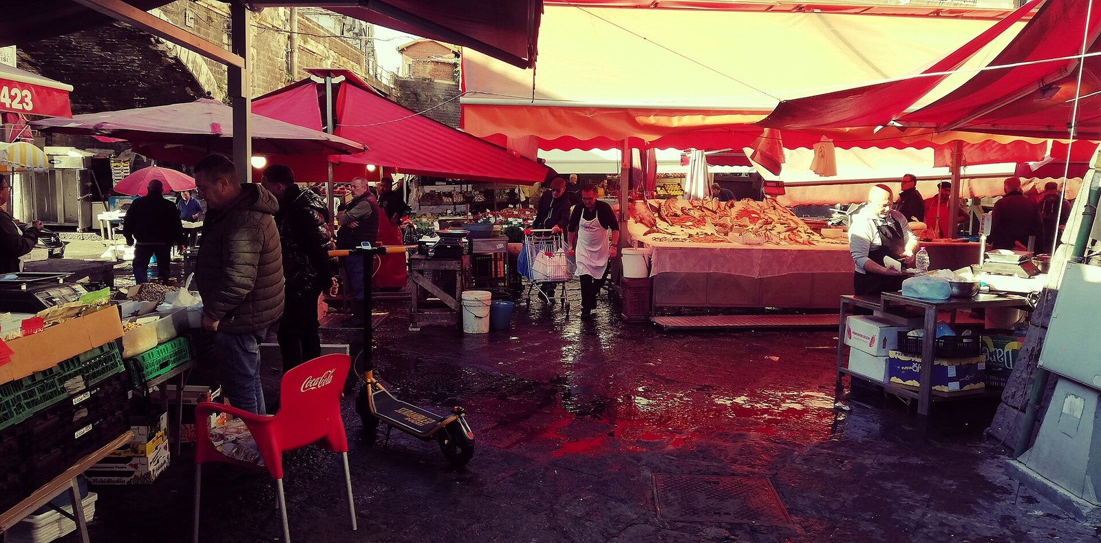 La Pescheria fish market in Catania old town at 8am, vendors selling fresh fish under lava stone arches near Piazza del Duomo
