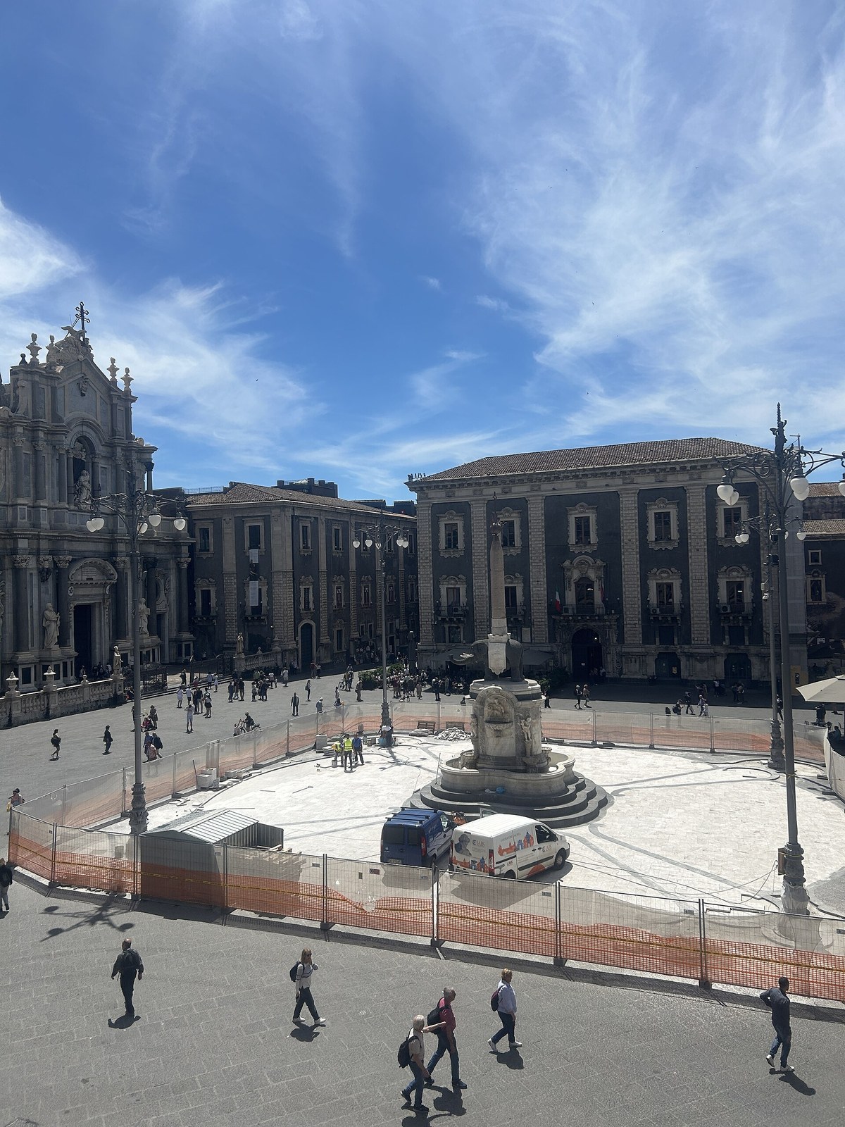Piazza del Duomo in Catania with Cathedral of Sant'Agata and the Liotru elephant fountain, black lava stone and white limestone baroque architecture