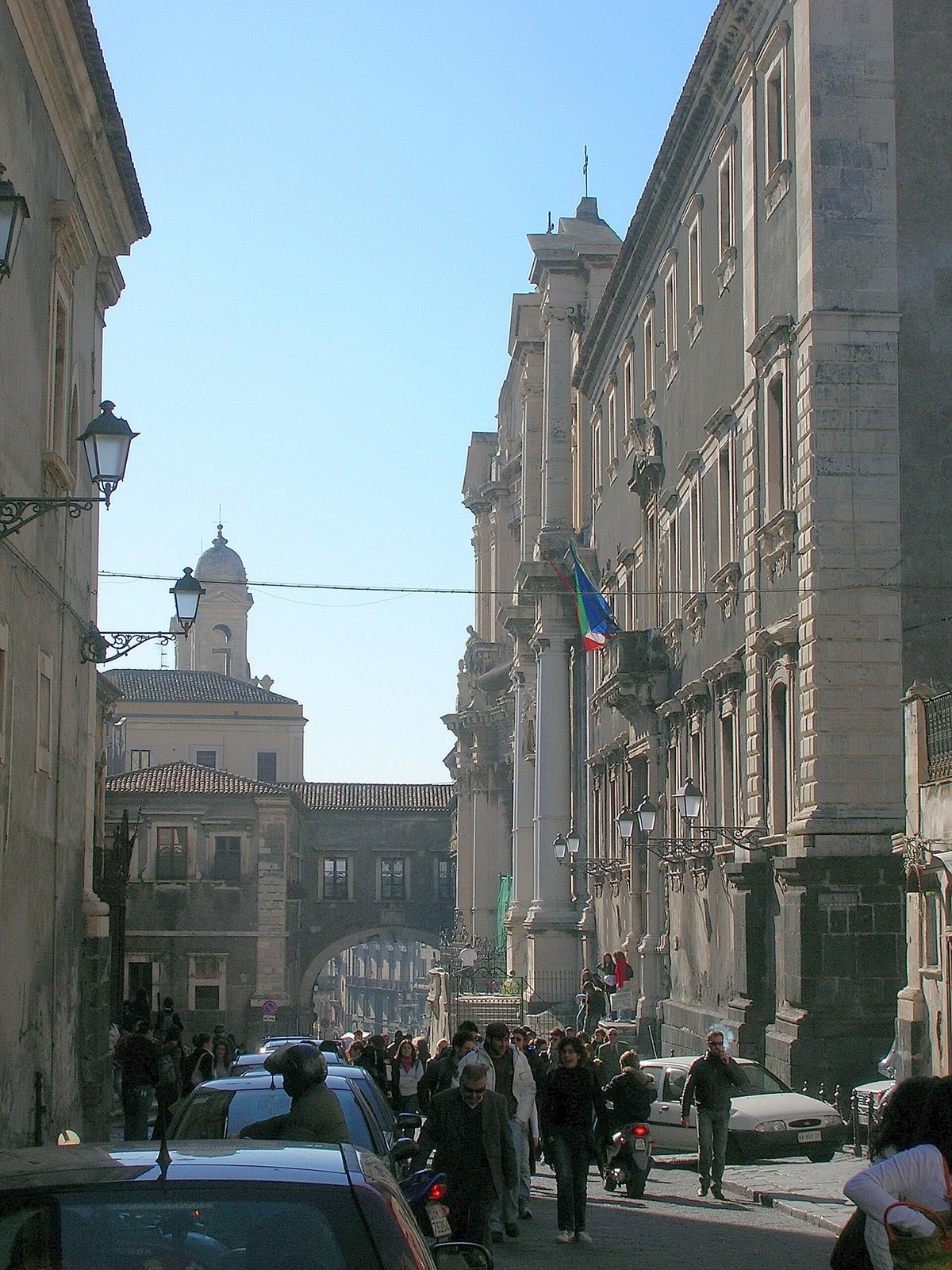 Via dei Crociferi in Catania old town, UNESCO Val di Noto street with four baroque churches and the Arco di San Benedetto built in four nights in 1704