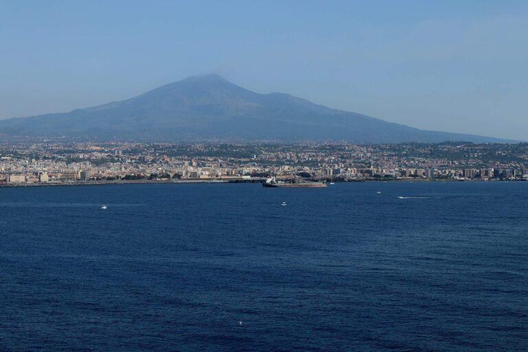 Panoramic view of Catania with Mount Etna in the background, Sicily