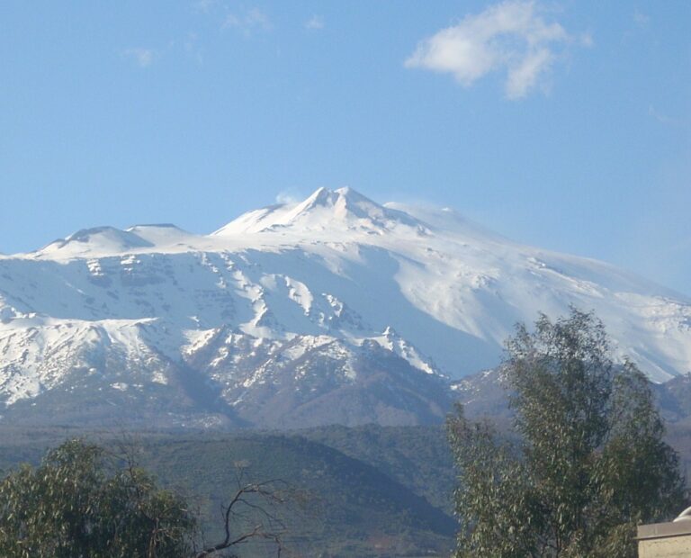 Mount Etna in winter blanketed in snow — the iconic Sicilian volcano covered in December snow with snow on the upper slopes