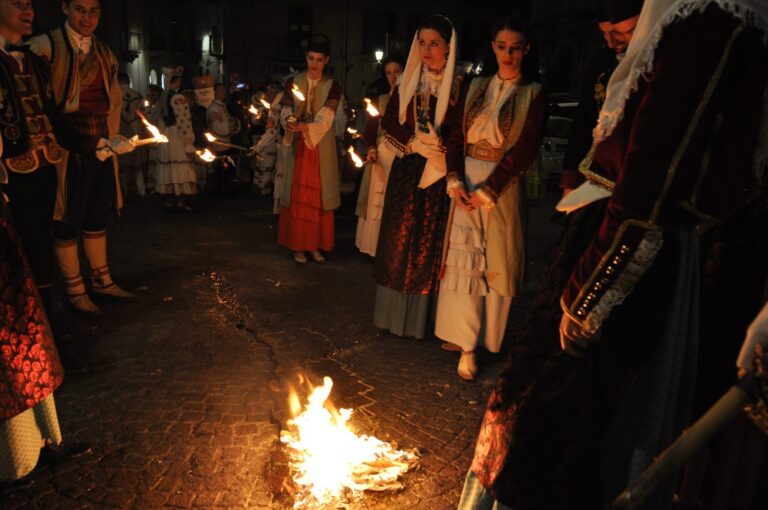 Sagra del Mandorlo in Fiore in Agrigento — folkloric performers in traditional costume during Sicily's Almond Blossom Festival in early March