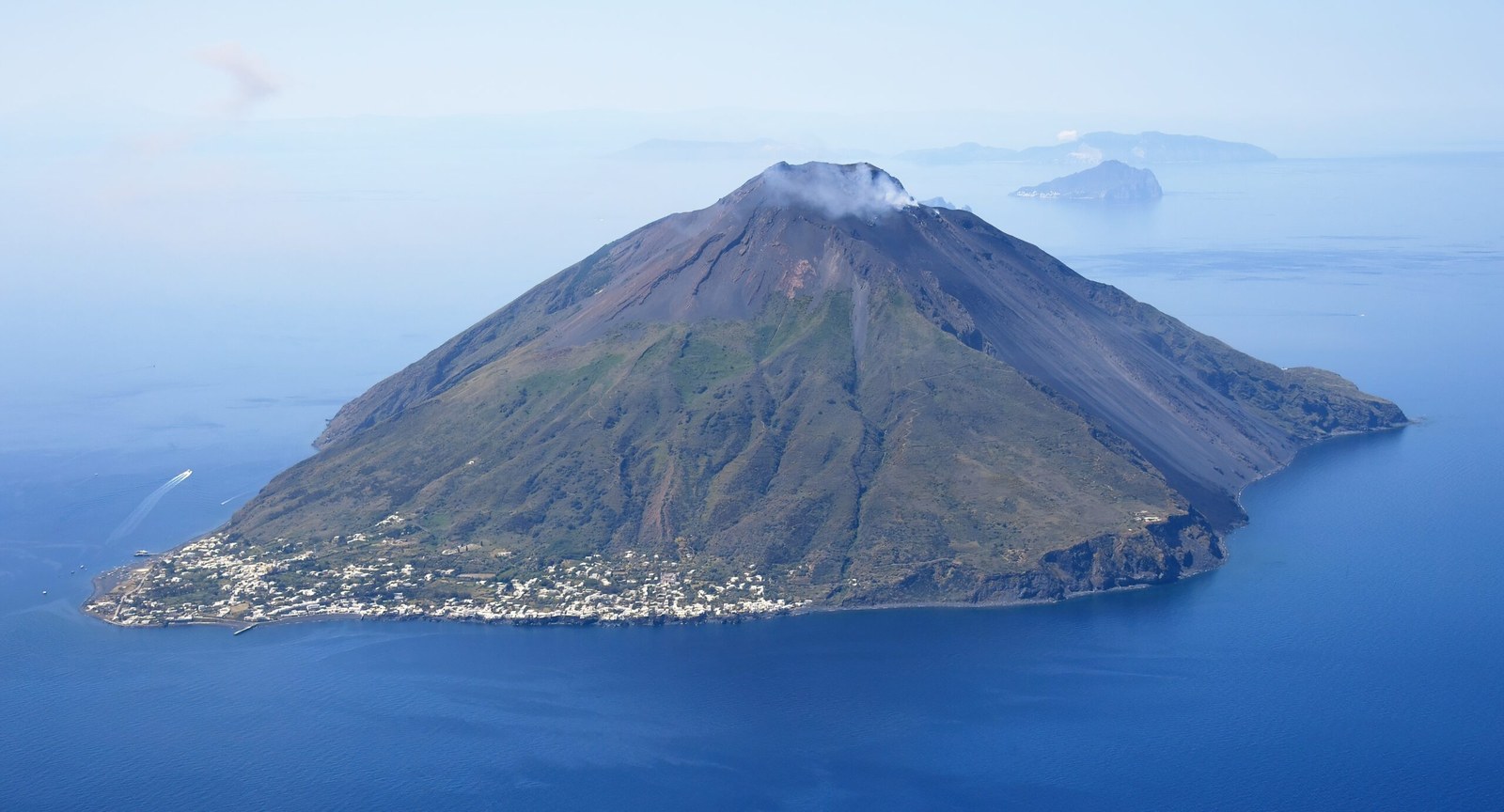 Aerial view of Stromboli volcano island in the Aeolian archipelago, Sicily