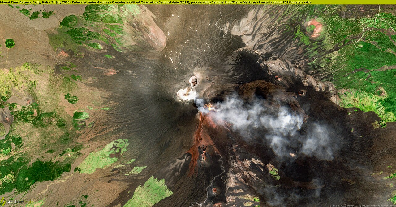 Mount Etna volcano in Sicily seen from above with crater and lava flows