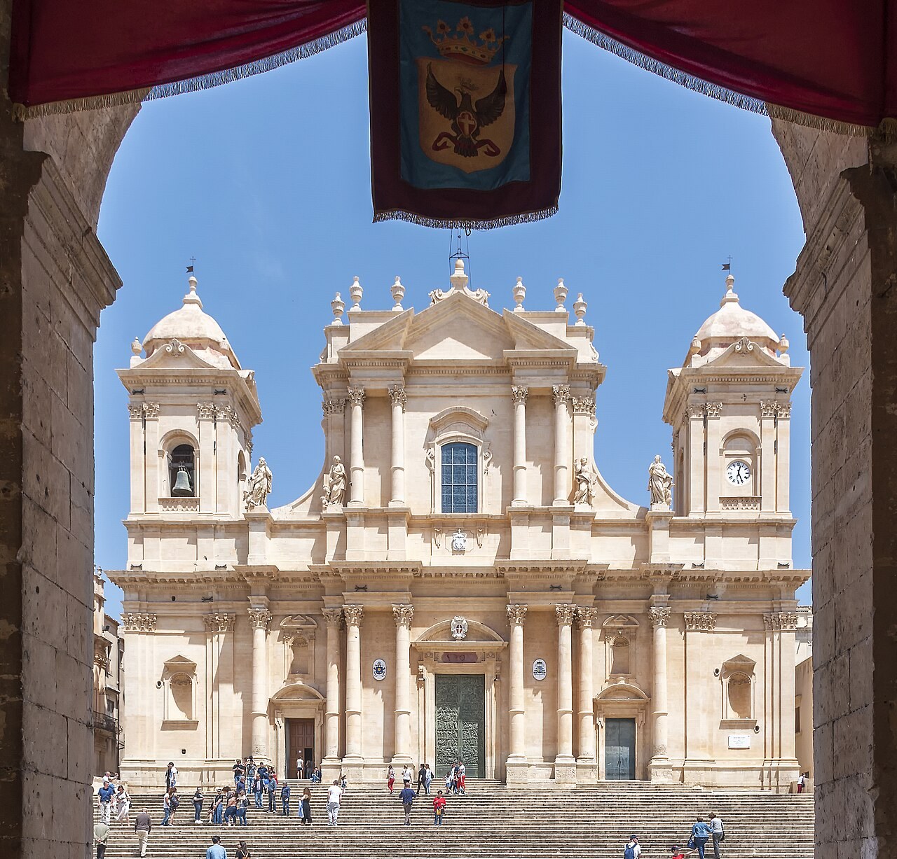 Cathedral of San Nicolo in Noto with golden baroque limestone facade