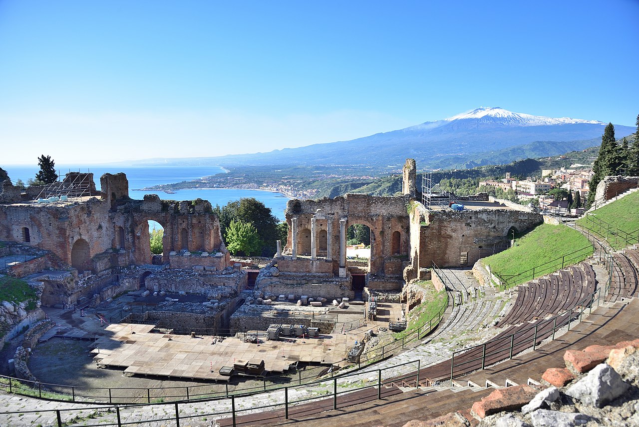 Ancient Greek Theatre in Taormina with Mount Etna in the background