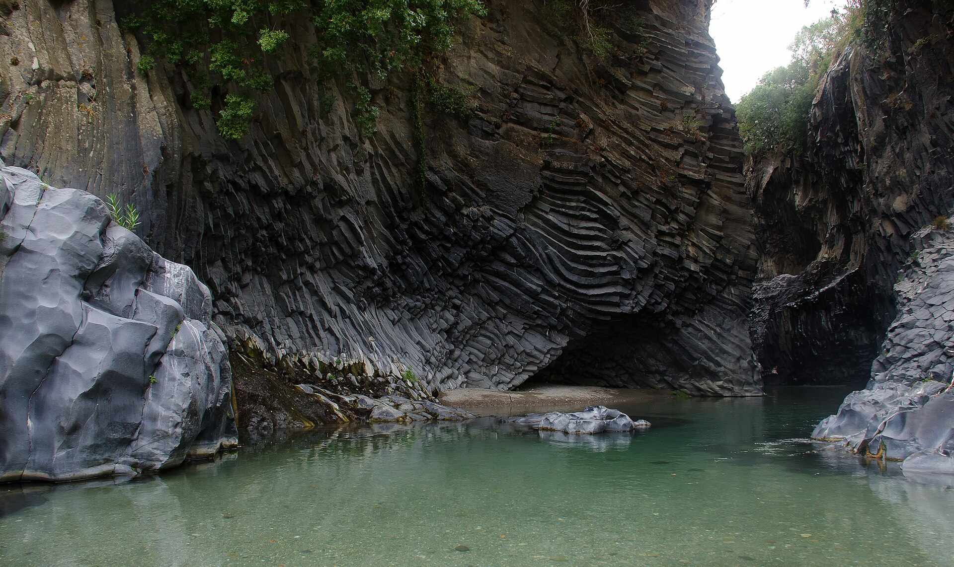 Basalt canyon walls at Alcantara Gorges near Taormina