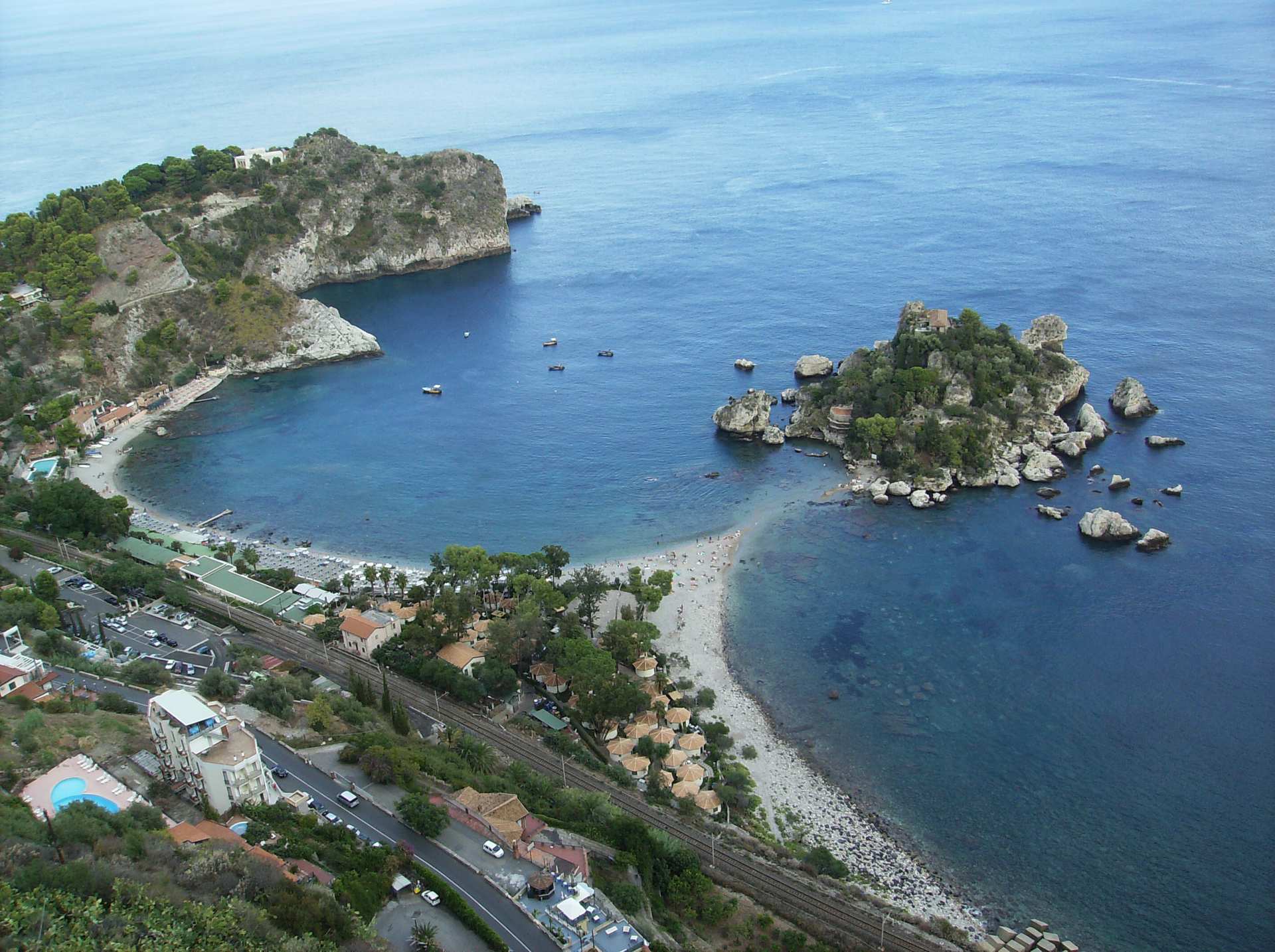 Isola Bella nature reserve seen from above Taormina Sicily