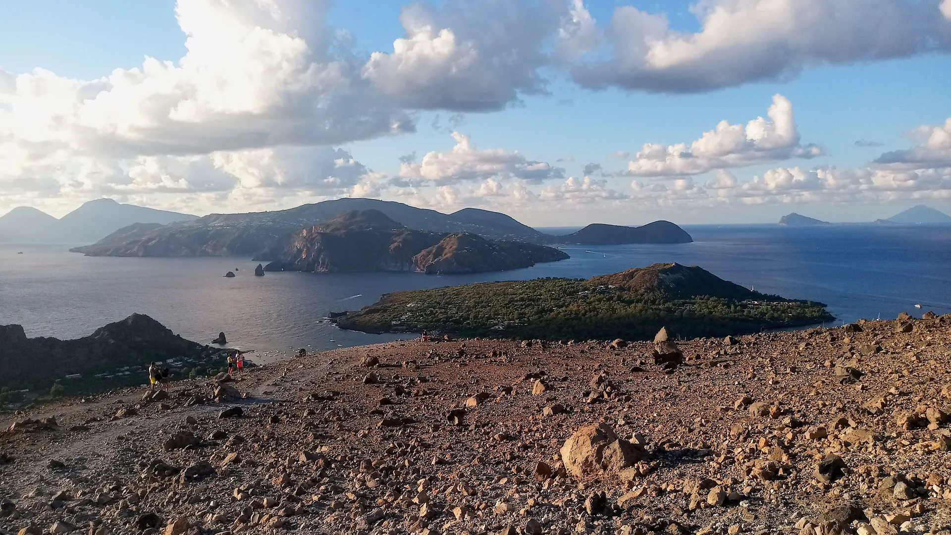 Aeolian Islands archipelago viewed from the Gran Cratere of Vulcano: Lipari, Salina, Panarea and Stromboli on the horizon