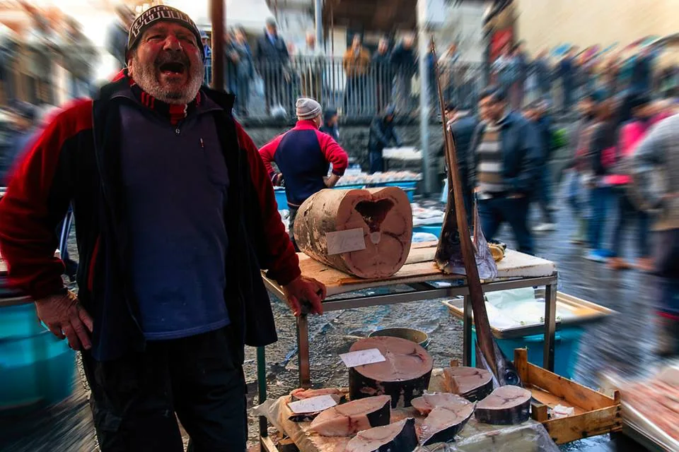 Close-up of a fish stall at the Catania fish market