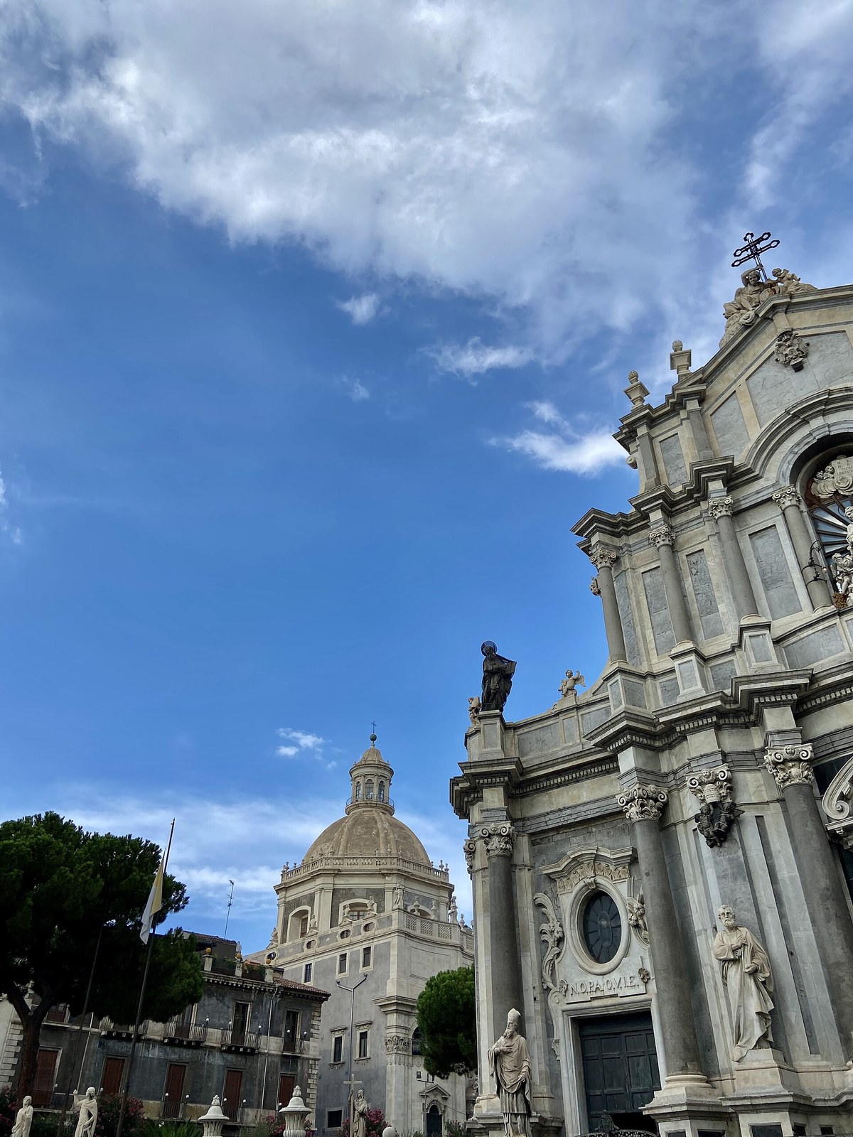 Catania Cathedral of Sant'Agata facade in lava stone, holiday old town walk