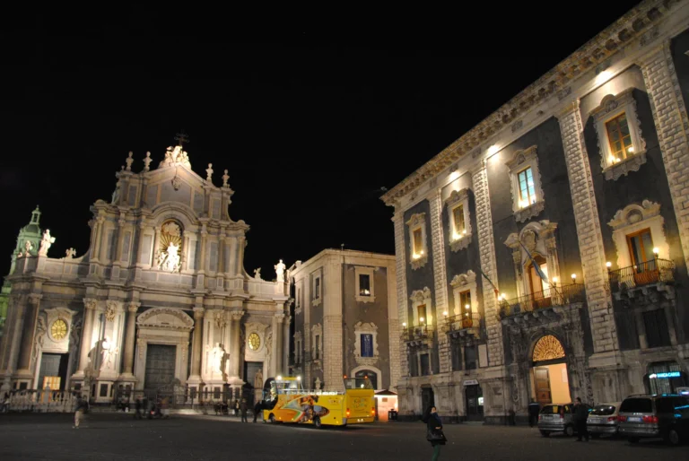Piazza del Duomo in Catania well-lit at night, the main square is safe to walk