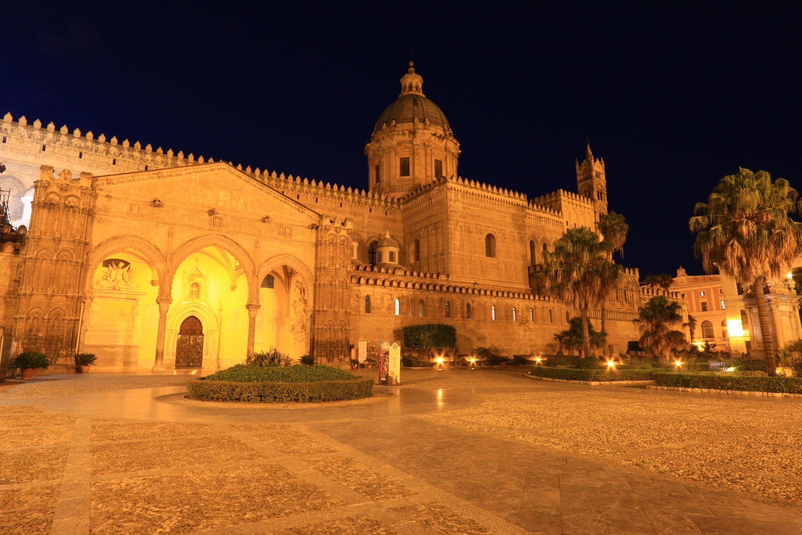Palermo Cathedral at night — starting point of the Festino di Santa Rosalia procession on July 14