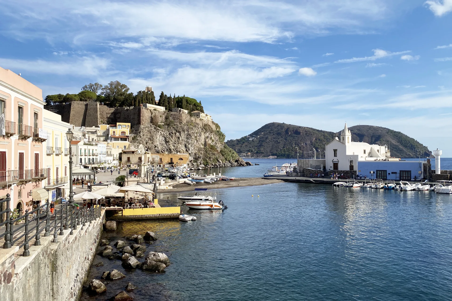 Marina Corta small harbour Lipari with castle backdrop