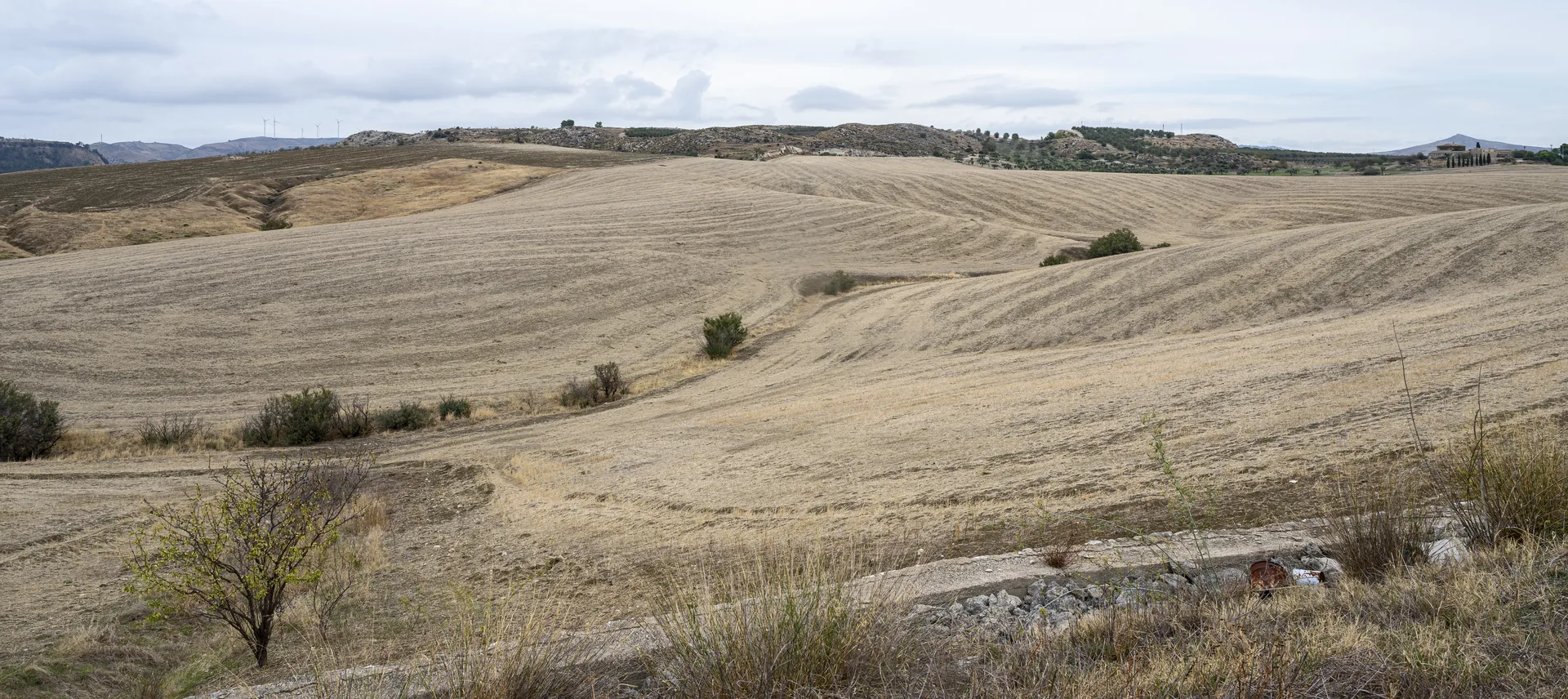 Rolling Sicilian countryside south of Butera with Mount Etna on the horizon