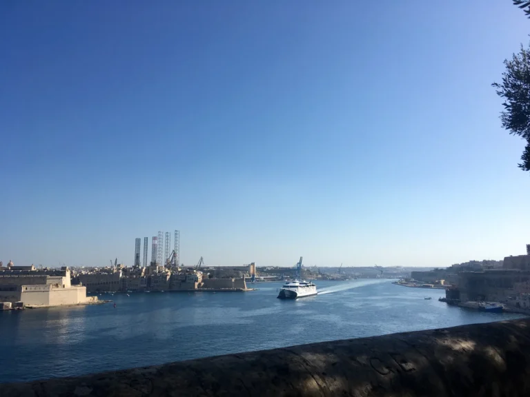 Virtu Ferries high-speed catamaran Saint John Paul II docked at Valletta Grand Harbour, the main Malta to Sicily ferry