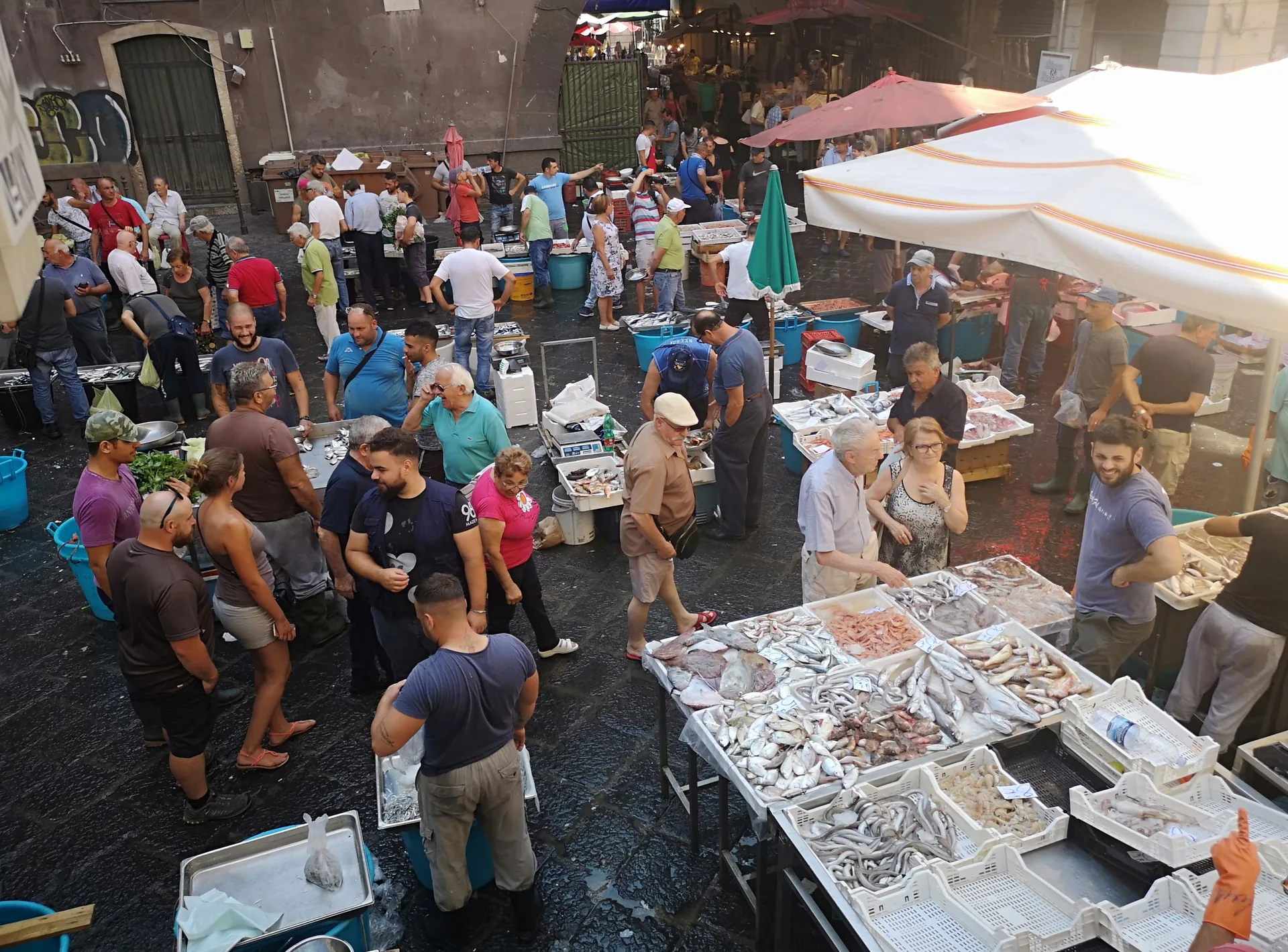 La Pescheria fish market in Catania at morning, vendors and customers under the lava-rock arches