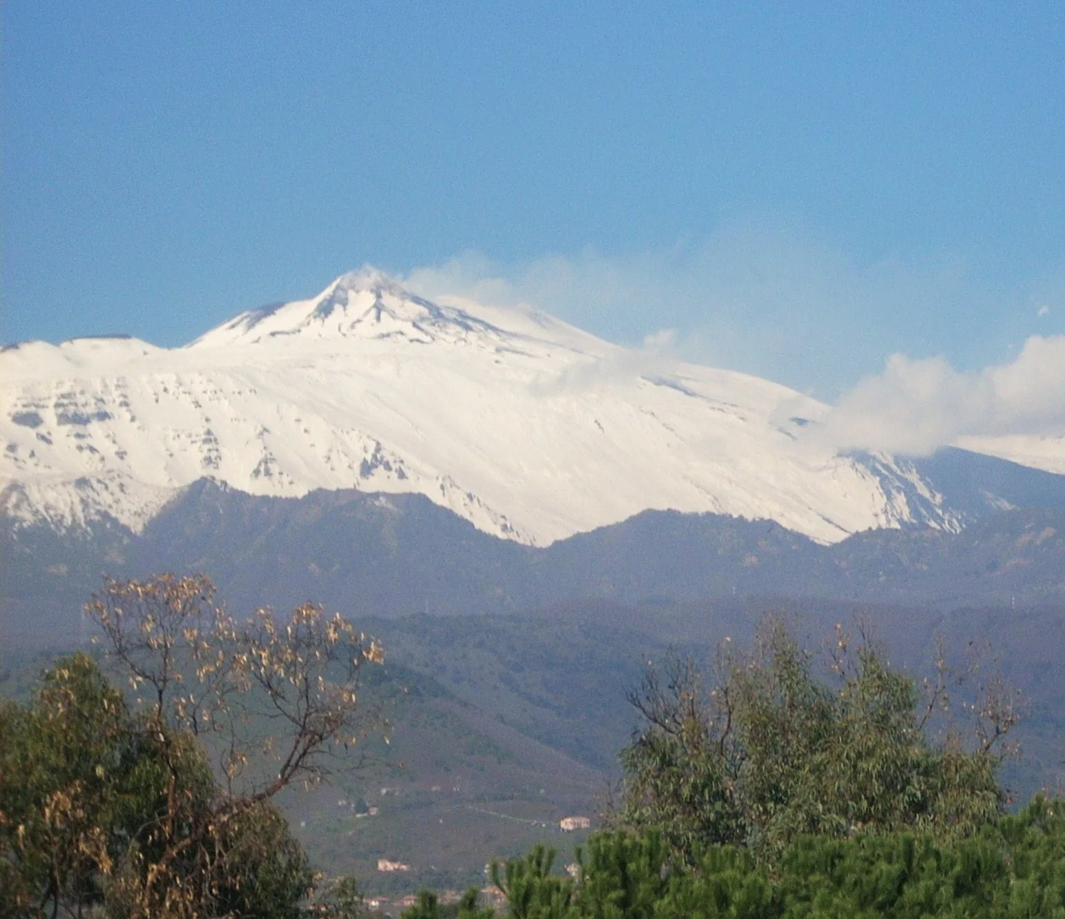 Etna con cima innevata sotto cielo blu